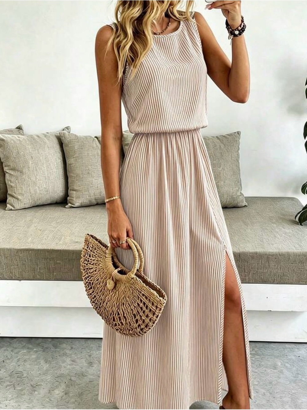 Sleeveless Beige Striped Maxi Dress by SHEIN